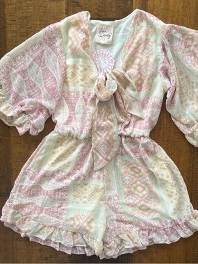 Love Daisy boho patchwork pastel ruffle asymmetrical sleeve tie front romper XL